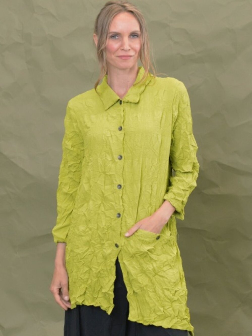 Chalet et Ceci Green Tunic Lagenlook Blouse Adalee Crinkle Asymmetric Shirt XS